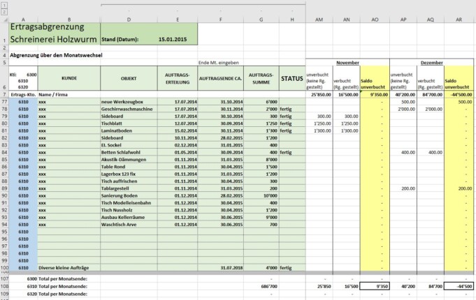 Excel-Tabelle Schreinerei